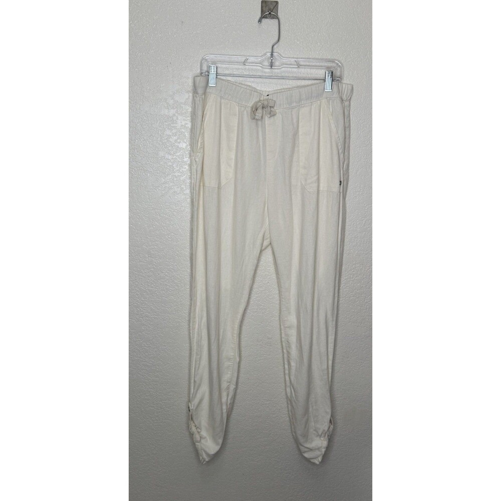 Roxy Womens Linen Blend Pants White Sz L Beachy Casual Cuffed Ankle Coastal